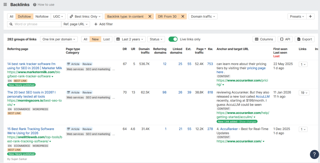 Examples of listicles in the Backlinks report